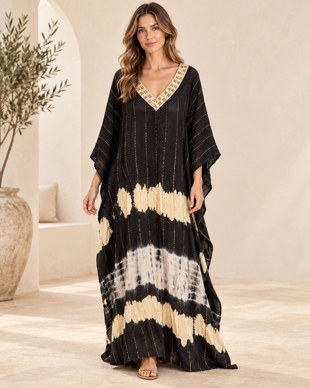 Boho Luxe India Boutique Tie Dye Kaftan Maxi Dress Gold Sequin NWT One Size